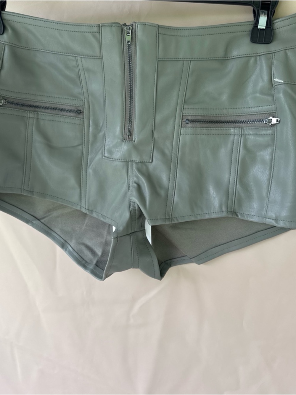 Love Tree Olive Green Faux Leather Shorts with Front Zip